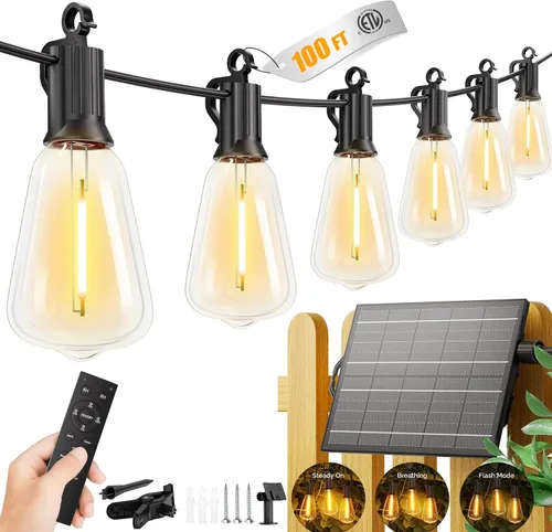 Miniatura 9 de Brightown Guirnalda de luces solares de 37 pies para exteriores, impermeable, con control remoto, 10+1 bombillas LED inastillables, regulables