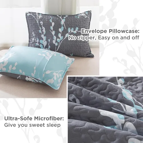 Miniatura 5 de Andency Edredón tamaño King gris azul (106 x 96 pulgadas), juego de ropa de cama ligero floral de 3 piezas, colcha acolchada de microfibra