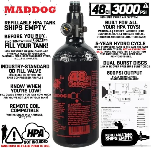 Miniatura 2 de Maddog Aluminum Compressed Air HPA Paintball Tank with Regulator - Airgun Airsoft PCP - Fresh Hydro Date - Ships Empty - Single - Refillable