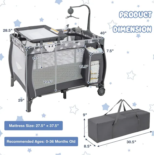 Miniatura 9 de HONEY JOY Pack and Play, corral portátil 3 en 1 para bebé con moisés, mesa de cambio, ruedas con bloqueo, caja de música, cuna de viaje plegable