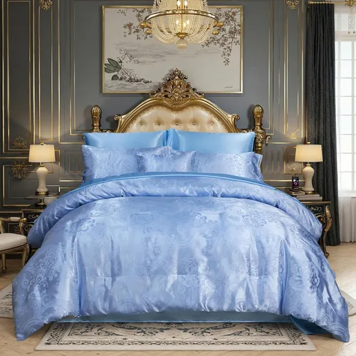 Miniatura 11 de Juego de edredón morado tamaño Queen, juego de sábanas de satén jacquard de 8 piezas bordado neoclásico floral elegante cama decoración del hogar