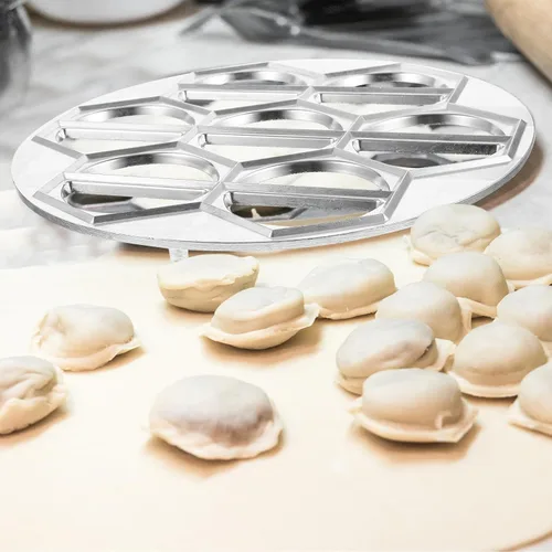 Miniatura 9 de Luxshiny Molde de bola de masa de aleación de aluminio de 14 agujeros, fabricante de pelmeni para albóndigas caseras, ravioles, ollas, herramienta
