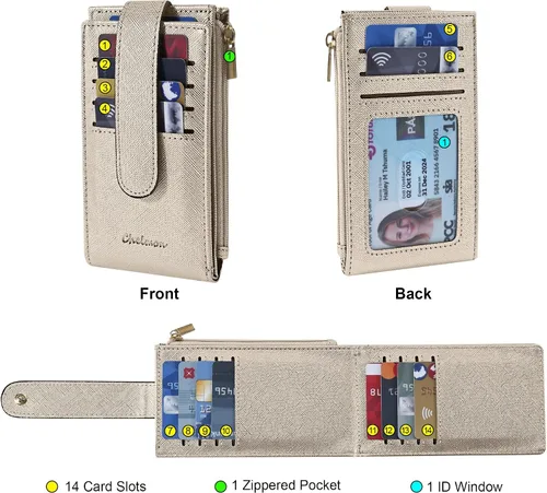 Miniatura 3 de Chelmon Billetera de mujer delgada con bloqueo RFID, billetera plegable con varios compartimientos para tarjetas con bolsillo con cierre, Dorado