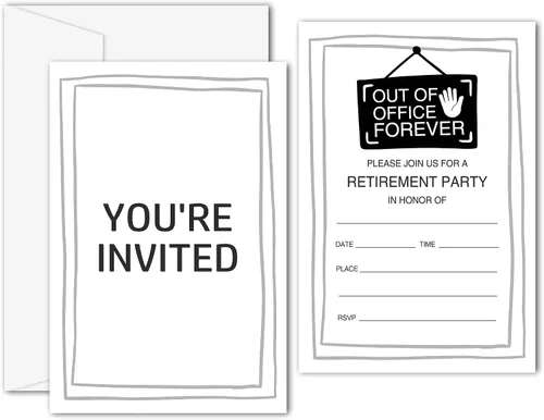Miniatura 10 de Invitaciones para fiestas de jubilación, tarjetas de invitación de jubilación negras y doradas para hombres, mujeres, enfermeras, profesores