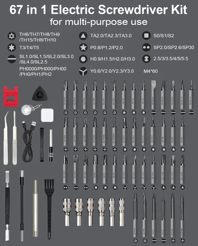 Miniatura 3 de HYCHIKA Juego de Destornilladores de Precisión, Mini Destornillador Eléctrico 67-en-1 con 52 Puntas Magnéticas, 3 Ajustes de Torque, Luz LED y Kit