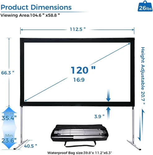 Miniatura 2 de SCREENPRO 100inch Projector Screen with Stand, Fast Outdoor Movie Screen for Patio with Adjustable Leg(23"-35"),16:9 HD 4K Projector Screen for Yard