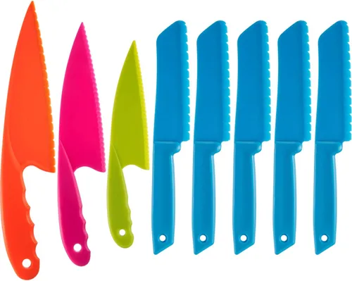 JOVITEC Juego de 8 cuchillos de cocina para niños, bordes dentados de plástico, cuchillos de nailon seguros para niños, para cortar frutas, pan,