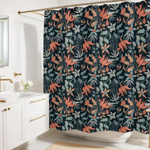 Cortina de ducha con estampado floral coral oscuro - Patrón de flores negras moderno melancólico - Decoración moderna para el hogar - Cortina de
