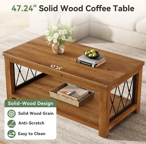 Miniatura 4 de Mesa auxiliar de madera maciza de 47.2 pulgadas, diseño de almacenamiento de 2 niveles, mesa de cóctel central rectangular de granja, marco de metal