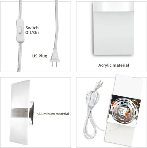 Miniatura 4 de KICAAO Apliques de pared, moderno aplique de pared enchufable, 10 W, 6000 K, luces de pared acrílicas blancas frías con cable de enchufe