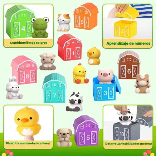 Miniatura 4 de Juguete de aprendizaje para niños pequeños de 1, 2 y 3 años, 10 juguetes de animales de granja y 10 graneros, juguetes sensoriales educativos