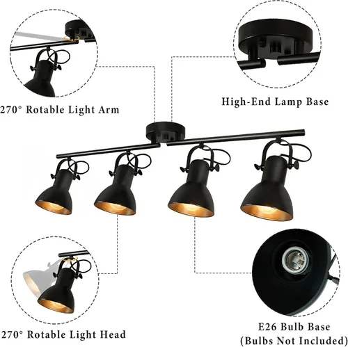 Miniatura 9 de Accesorios de iluminación de pista de techo negro Iluminación de pista Accesorios de iluminación de cocina Lámpara de techo 4 ángulos de luz