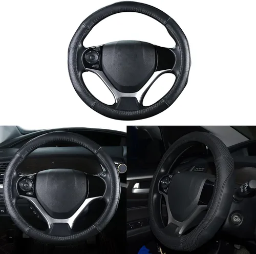 QianBao Funda de cuero genuino para volante de automóvil, color negro para volantes de 13.5 a 14.2 pulgadas, absorbente de sudor (negro)