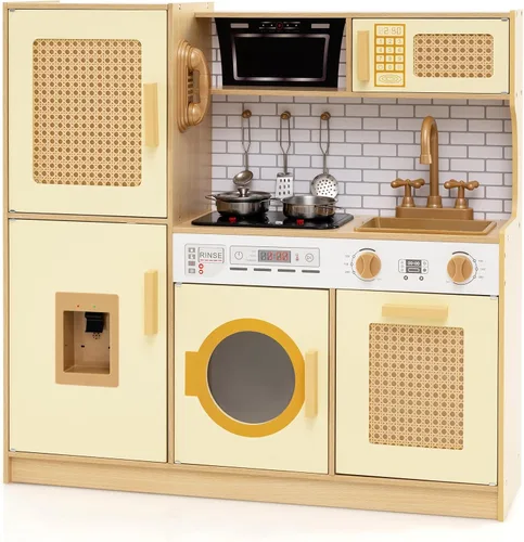HONEY JOY Cocina de Juguete de Madera con Diseño de Ratán, Juego de Cocina de Juguete para Niños Pequeños, Estufa con Luces y Dispensador de Agua,