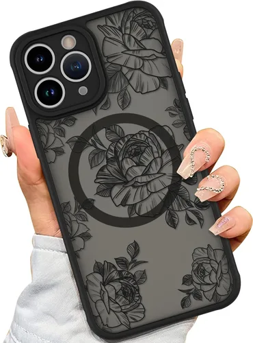 Miniatura 16 de AIGOMARA Funda para iPhone 13 Pro Max [compatible con MagSafe] Diseño de patrón floral de flores negras para mujeres y niñas, TPU suave, parte