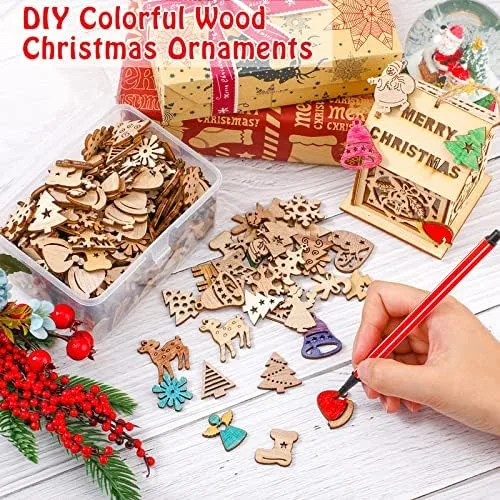 Miniatura 4 de 200 piezas de mini adornos de madera sin terminar, Halloween, Navidad, bricolaje, mini recortes de madera en blanco con caja de almacenamiento