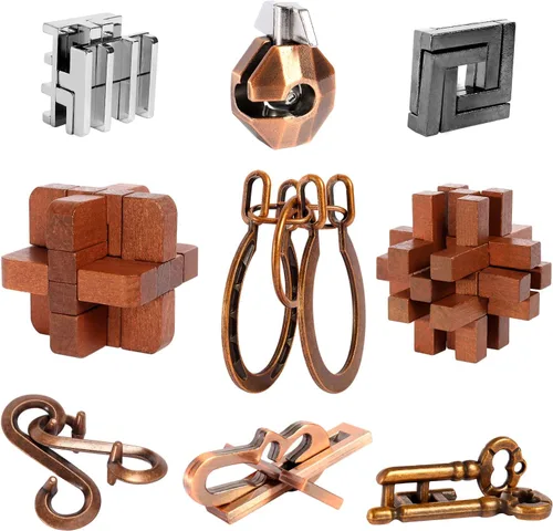Miniatura 9 de 4 piezas de rompecabezas de madera y metal, regalo para niños y adultos, juguetes educativos de oficina, desbloqueo 3D, entrelazado, surtido