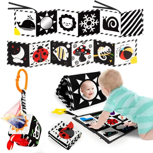 Baobrava 3 piezas de juguetes para bebés en blanco y negro de alto contraste para recién nacidos, juguete sensorial Montessori para tiempo de