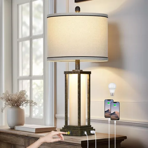 Miniatura 10 de 27in Tall Farmhouse Table Lamp with USB C+A & Outlet,Black Industrial End Table Lamp for Living Room,Vintage Rustic Bedside Lamp with Night Light