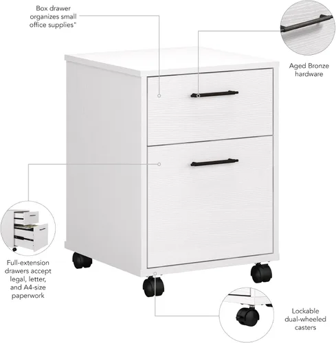 Miniatura 5 de Bush Furniture Key West - Archivador rodante, carrito de archivos para oficina en casa en roble blanco puro, archivador de 2 cajones con ruedas