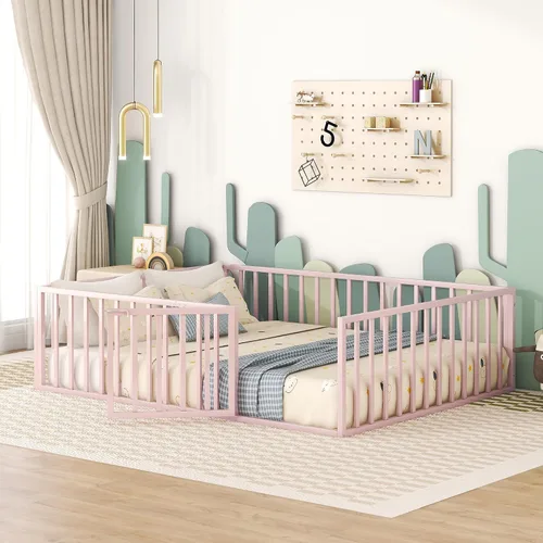 Miniatura 3 de Harper & Bright Designs Base de cama de metal Queen con rieles, cama Montessori Queen con valla y puerta, para niños y niñas (tamaño Queen, rosa)