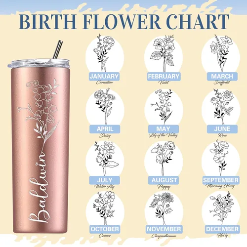 Miniatura 2 de Regalos personalizados para mujer, vaso personalizado grabado con flor de nacimiento de 20 onzas, vaso delgado con nombre personalizado con tapas