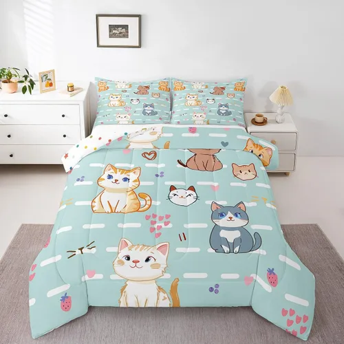 Miniatura 19 de Erosebridal Lindo juego de edredón de gato, tamaño individual, kawaii, fresa, juego de ropa de cama para niñas, diseño de arco iris, edredón rosa