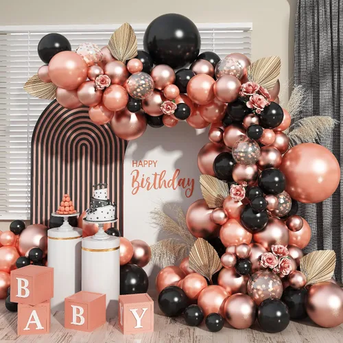 Kit de arco de globos de oro rosa y negro, 102 piezas de globos de confeti de látex mate negro y metálico de color perla dorado rosa para mujeres,