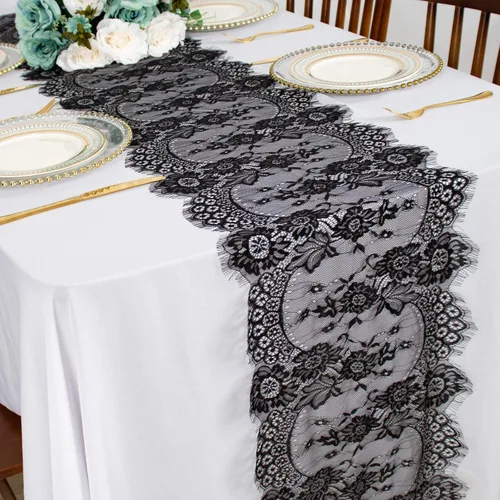 ShinyBeauty Camino de mesa de encaje negro de 13 x 120 pulgadas, mantel de encaje floral vintage, tela de encaje bordada, caminos de mesa negros
