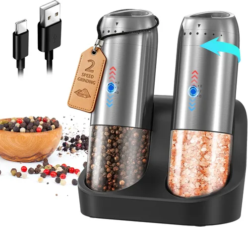 Miniatura 12 de CIRCLE JOY Juego de molinillo eléctrico recargable de sal y pimienta con luz LED, no necesita batería, grosor ajustable, recipiente lavable de 4.6