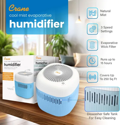 Miniatura 8 de Crane Humidificador evaporativo, filtro de mecha, tanque apto para lavavajillas, luz UV, sin polvo blanco, silencioso, dormitorio, guardería, tanque