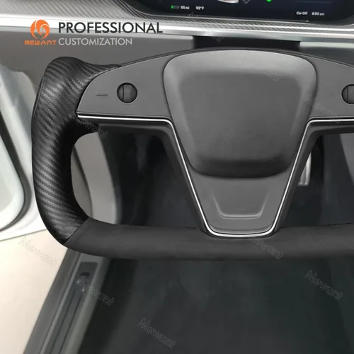 Miniatura 3 de MEWANT Funda para Volante de Coche de Fibra de Carbono Mate y Ante Cosida a Mano para Tesla Yoke Modelo S Plaid 2021-2023 / Modelo X 2021-2023