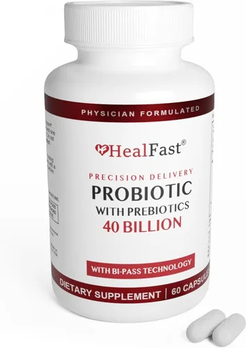 HealFast Suplemento probiótico formulado por médicos, 40 mil millones de UFC, prebióticos vivos y probióticos para hombres y mujeres, probióticos