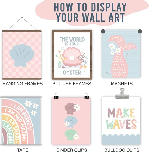 Miniatura 6 de Hadley Designs 6 decoraciones de sirena para habitación de niñas, arte de pared de sirena para dormitorio y baño, impresiones sin marco bajo el mar