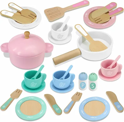 SimpliPlay Set de platos y platos de madera de juguete para cocina, 30 piezas Accesorios de cocina Montessori de madera para niños pequeños con