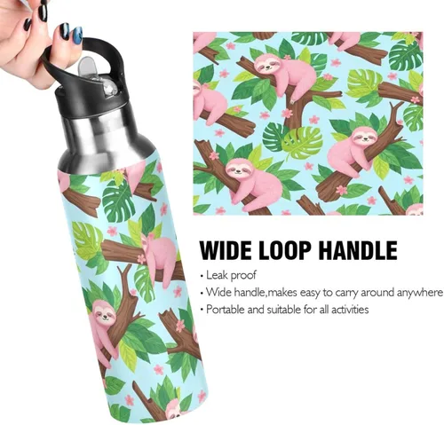 Miniatura 4 de Insulated Water Bottle 32 Oz, Leakproof Water Bottles for Gym Outdoor Travel School, Cute Pink Sloths Green Leaves