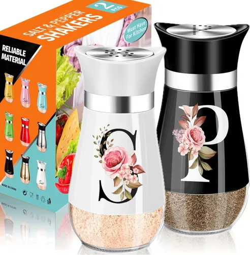 Juego de salero y piminero, decoración de cocina negra de 4 oz, dispensador de especias clásico de acero inoxidable y vidrio, diseño recargable,