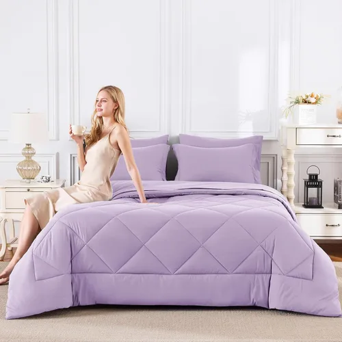 Miniatura 7 de CozyLux Juego de edredón tamaño Queen en color Lavanda Claro - Ropa de cama en una bolsa tamaño Queen de 7 piezas, juego de cama de lavanda suave
