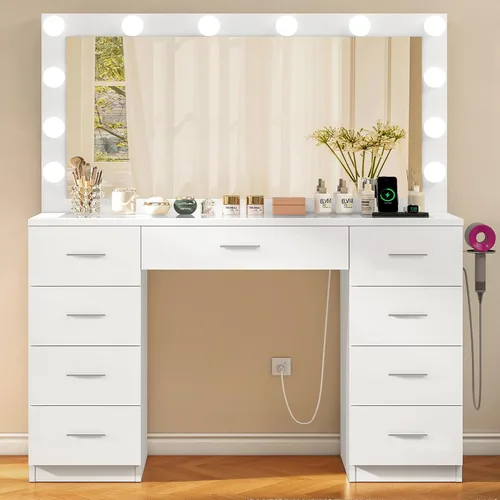 Miniatura 11 de Quimoo Escritorio de tocador de maquillaje con espejo y luces, escritorio de tocador con 5 cajones y estantes de almacenamiento, mesa de tocador, 3