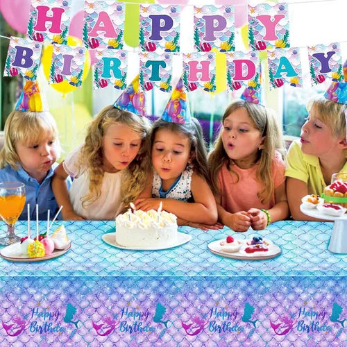 Miniatura 6 de DaiUni 1 mantel de cumpleaños de sirena para decoración de fiesta de cumpleaños, funda rectangular desechable de plástico para suministros de fiesta