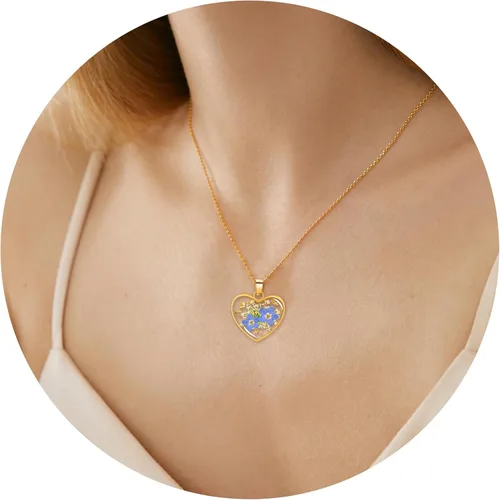 Miniatura 84 de Collar de flores silvestres prensadas con encaje de Forget-Me-Not y Queen Anne Collar de flores prensadas de oro Collares hechos a mano
