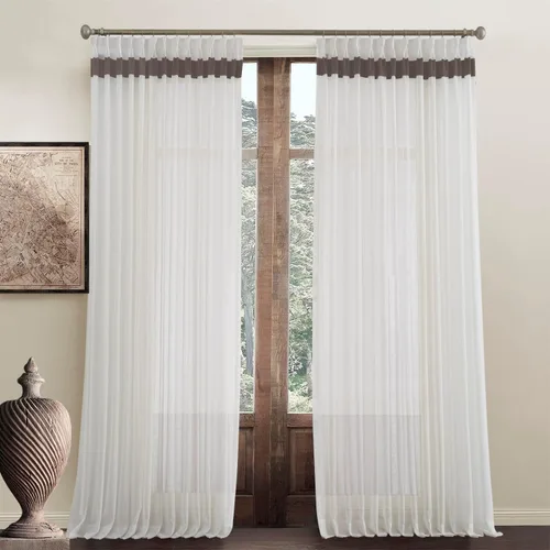 Miniatura 8 de Cortinas traslúcidas para ventana de 45 pulgadas de largo, paneles de cortinas traslúcidas semi plisadas blancas con borde negro, 26 pulgadas
