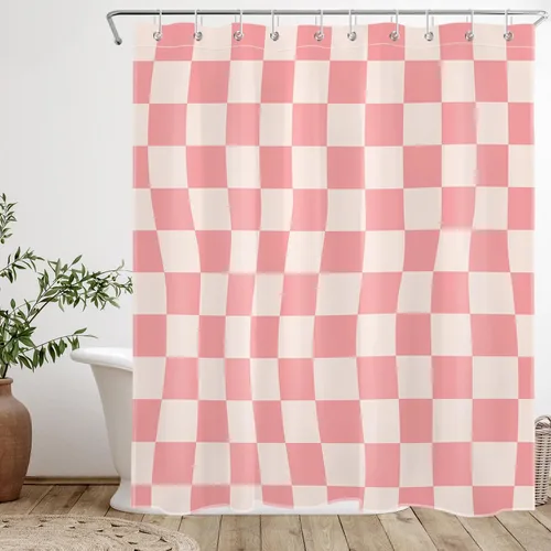 Cortina de ducha a cuadros abstractos rosas para baño, cortina de ducha retro a cuadros rosa y beige, moderna y minimalista de tela de poliéster,