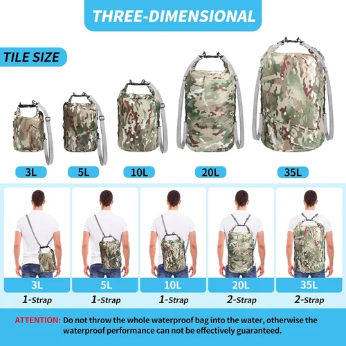 Miniatura 2 de Bolsas secas impermeables de camuflaje pequeñas y ligeras con correa para tabla de remo, kayak, pesca, camping, senderismo (10 L)