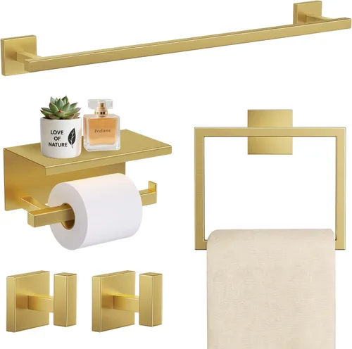 TURS Juego de 5 piezas de accesorios de baño en oro cepillado, juego de barra de toalla de baño de acero inoxidable SUS304 de 23.6 pulgadas, kit de