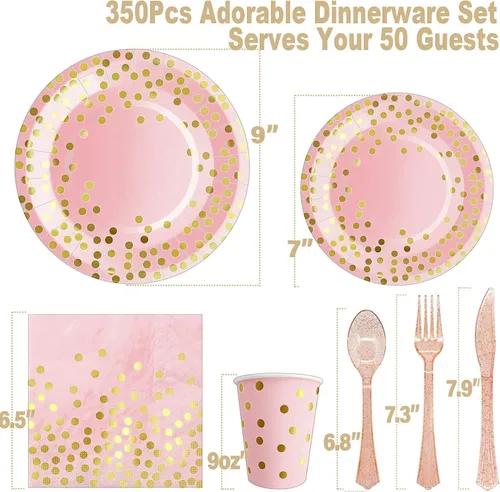 Miniatura 2 de AIRE 350 piezas de suministros de fiesta rosa y dorado, Severs 50 artículos de fiesta desechables, cubiertos de plástico dorado, servilletas, platos
