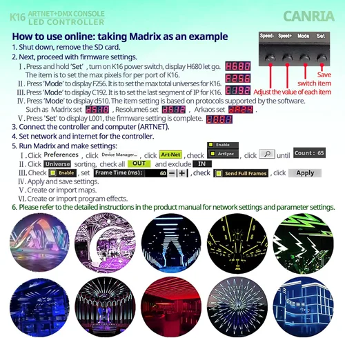 Miniatura 5 de Controlador LED de consola K16 ARTNET+DMX, control de iluminación profesional, adecuado para SPI TTL, en línea sin conexión, programable