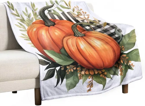 Miniatura 31 de Manta de lana cuadriculada con diseño de calabaza, hojas de arce, Acción de Gracias, manta de cama para otoño, Acción de Gracias, ligera, súper