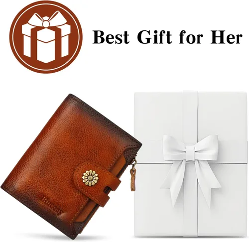 Miniatura 7 de Cartera de cuero con doble pliegue para mujer, bloqueo RFID, tarjetero compacto, cartera pequeña con ventana para identificación extraíble, A1