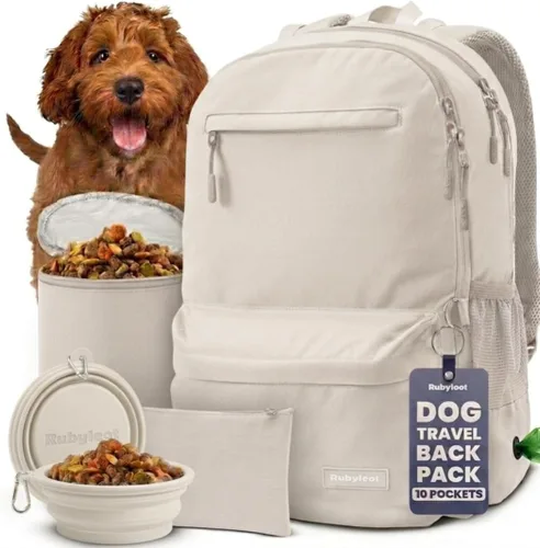 Bolsa de viaje para perros – Mochila completa para pañales para perros con 2 cuencos de viaje sin BPA, bolsa de golosinas, contenedor de alimentos,